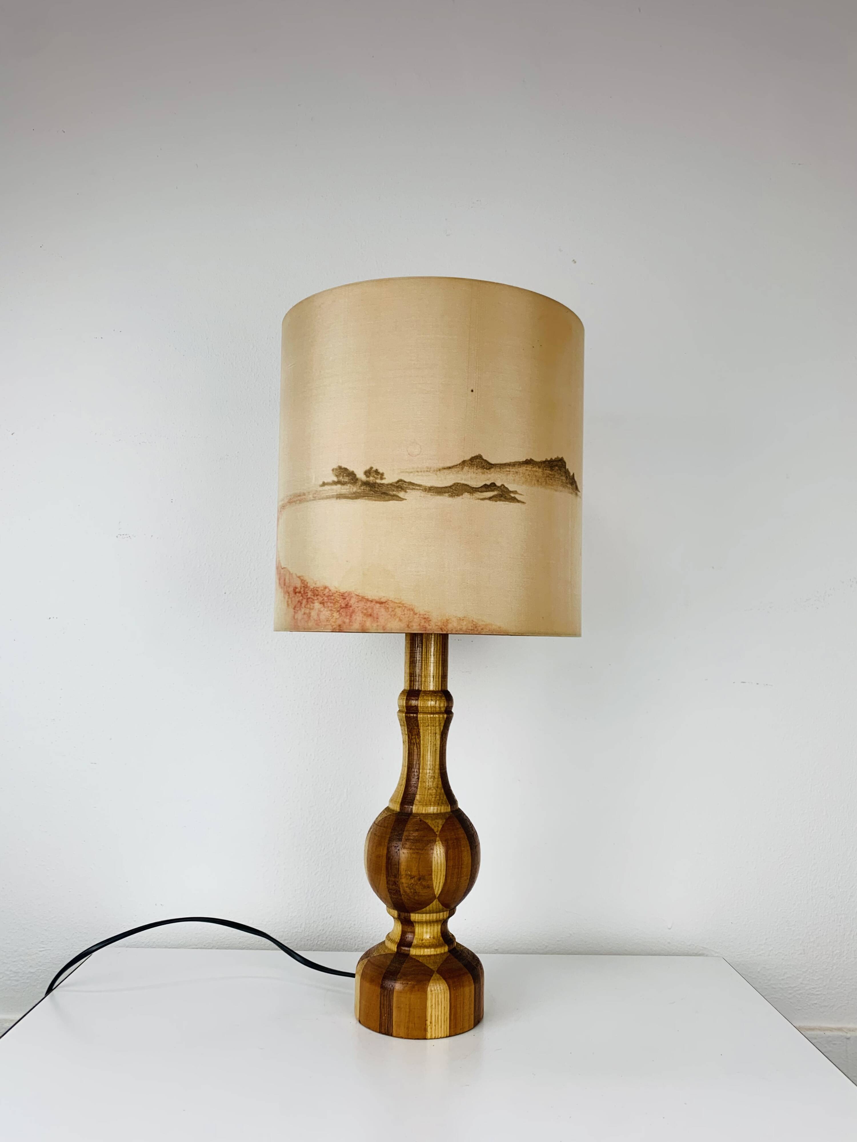 Vintage turned wood lamp, silk lampshade