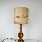 Vintage turned wood lamp, silk lampshade