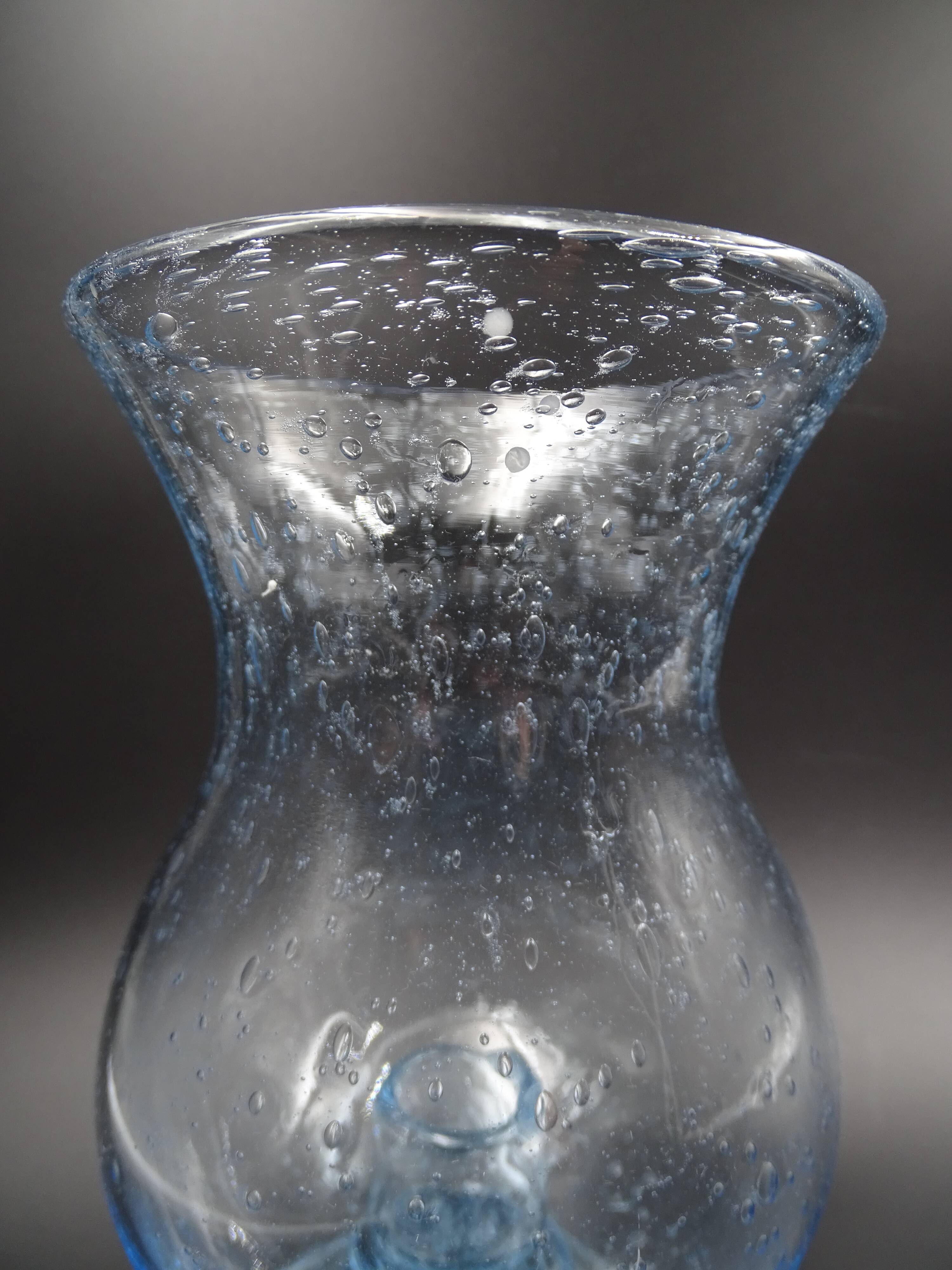 Candlestick or photophore in sky blue bulled glass, signed Biot