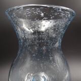 Candlestick or photophore in sky blue bulled glass, signed Biot