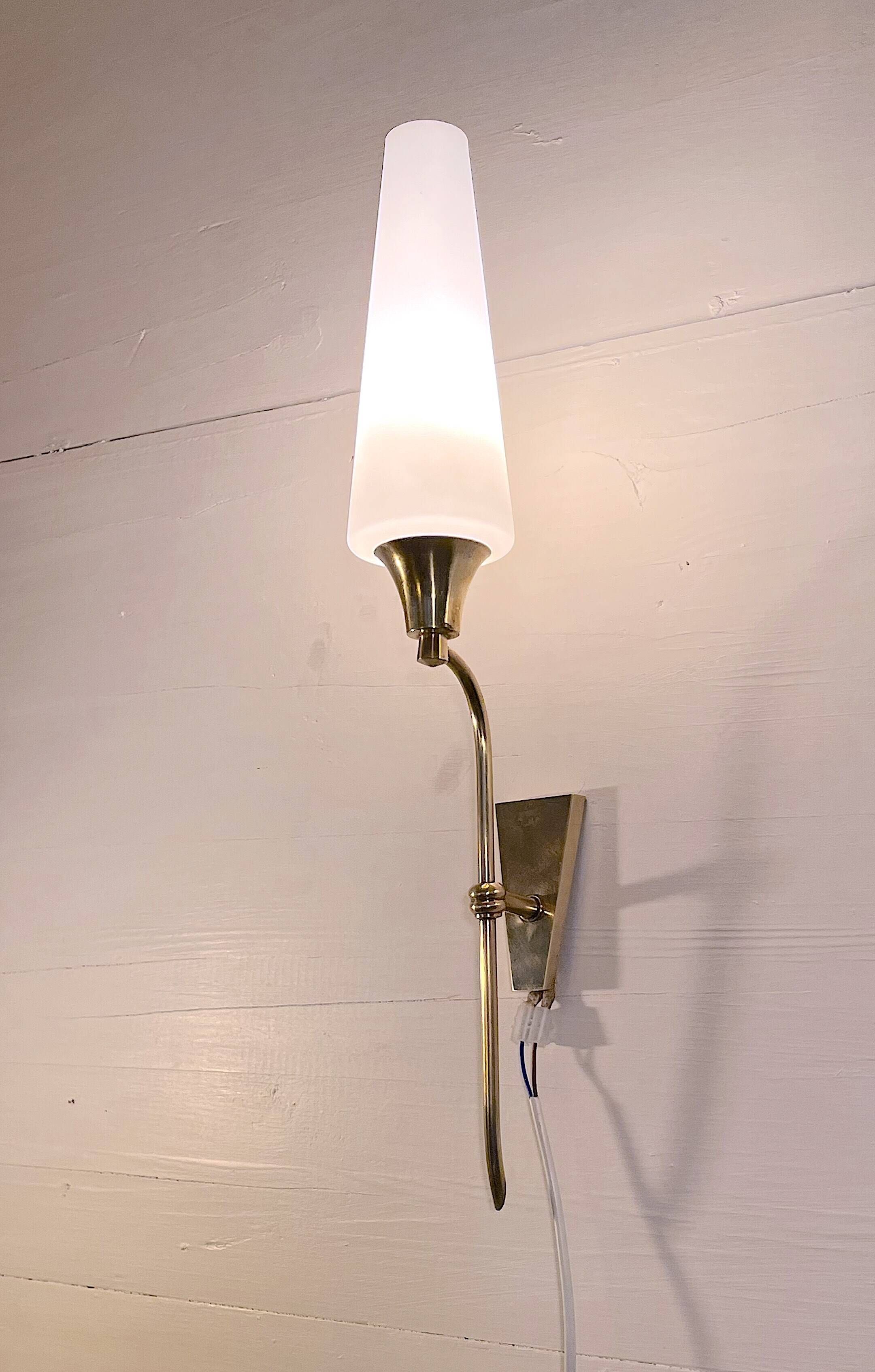 Pair of tall brass and white opaline sconces, mid-century France