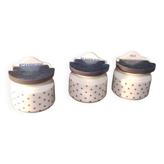 3 earthenware spice jars with straw marquetry lid