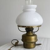Vintage brass lamp with white opaline glass shade.