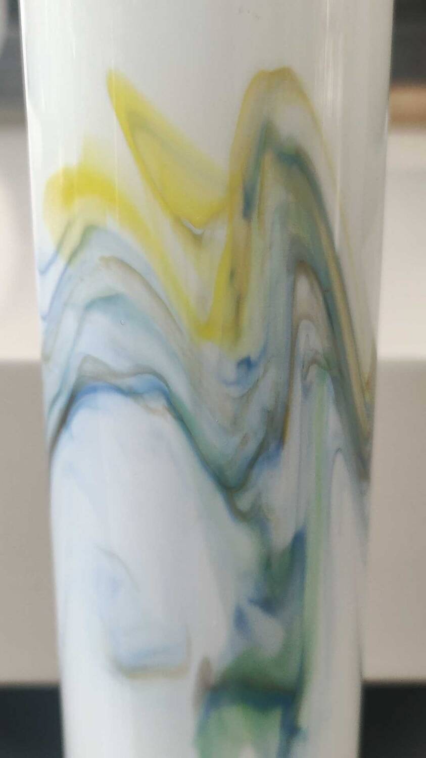 Tubular vase in white opaline, polychrome smoke volutes. Snowflake/Dalian Co. Ltd. High 29 cm