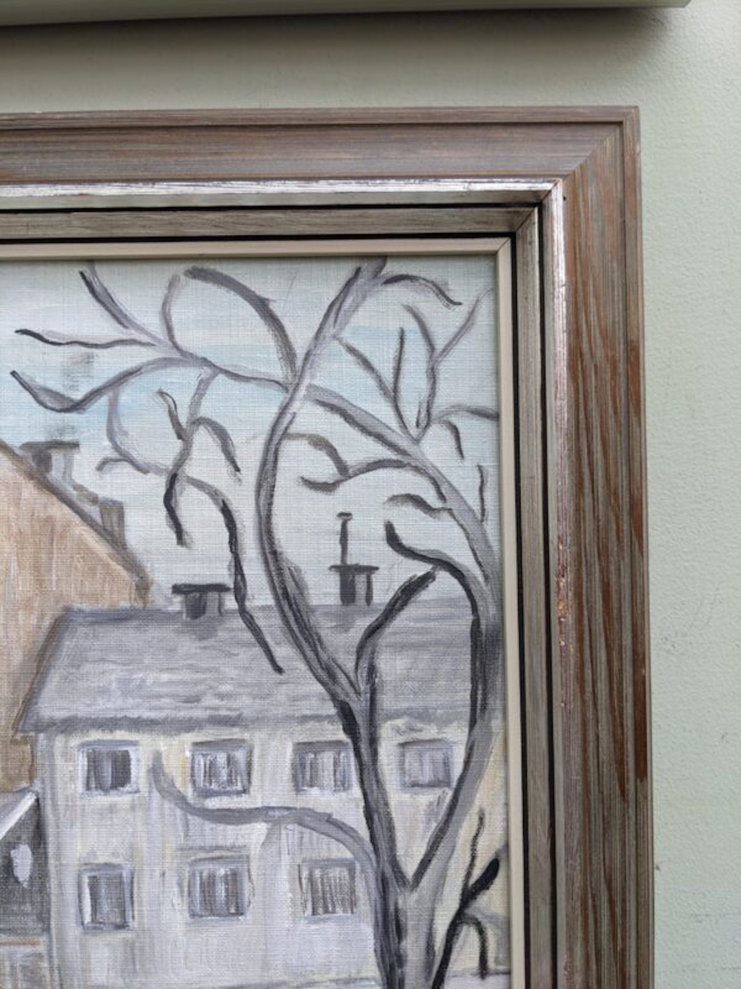 Mid-Century Modern "Stroll" Swedish Vintage Street Scene Oil Painting, Framed