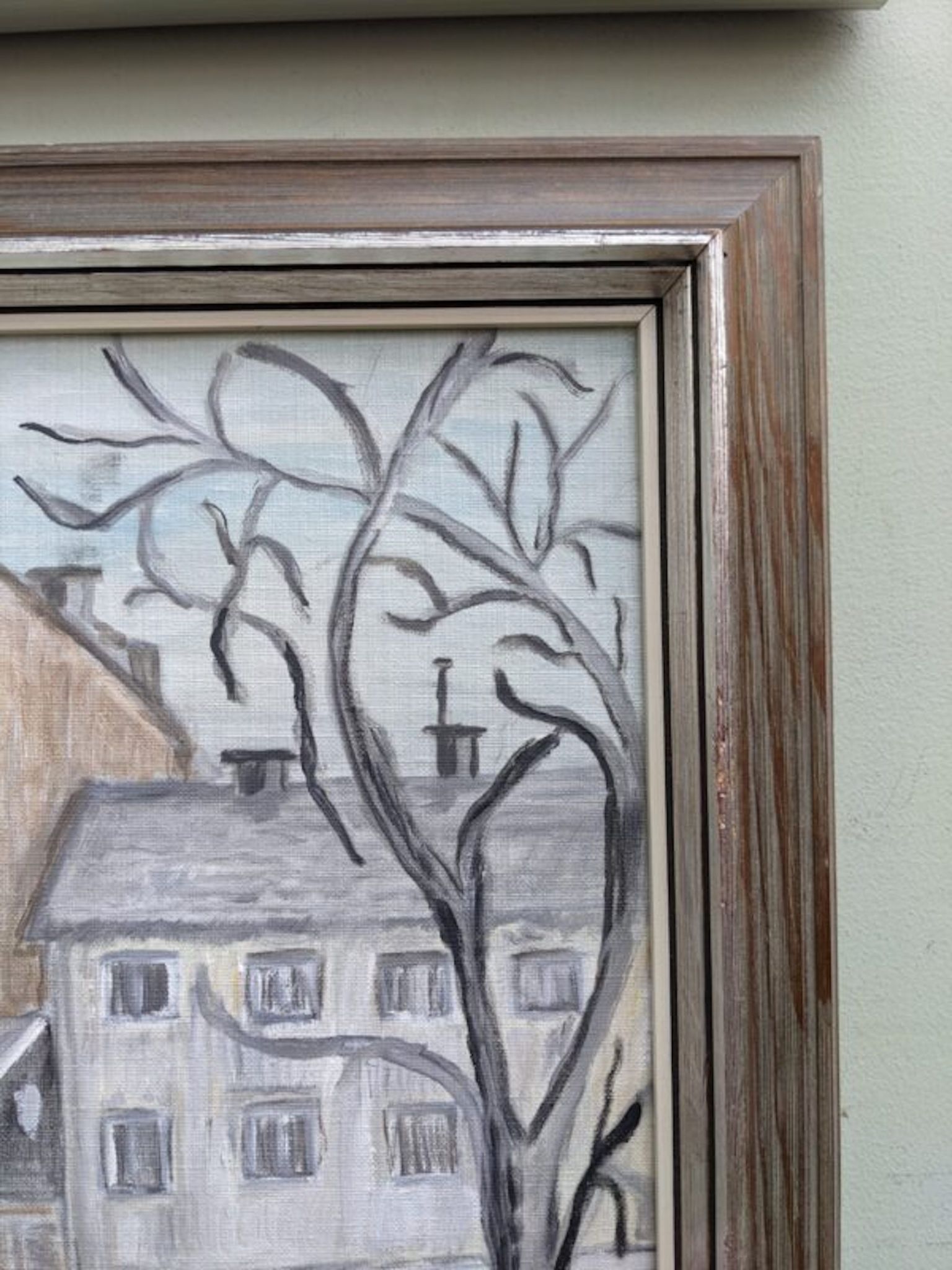 Mid-Century Modern "Stroll" Swedish Vintage Street Scene Oil Painting, Framed
