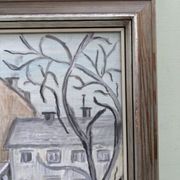 Mid-Century Modern "Stroll" Swedish Vintage Street Scene Oil Painting, Framed