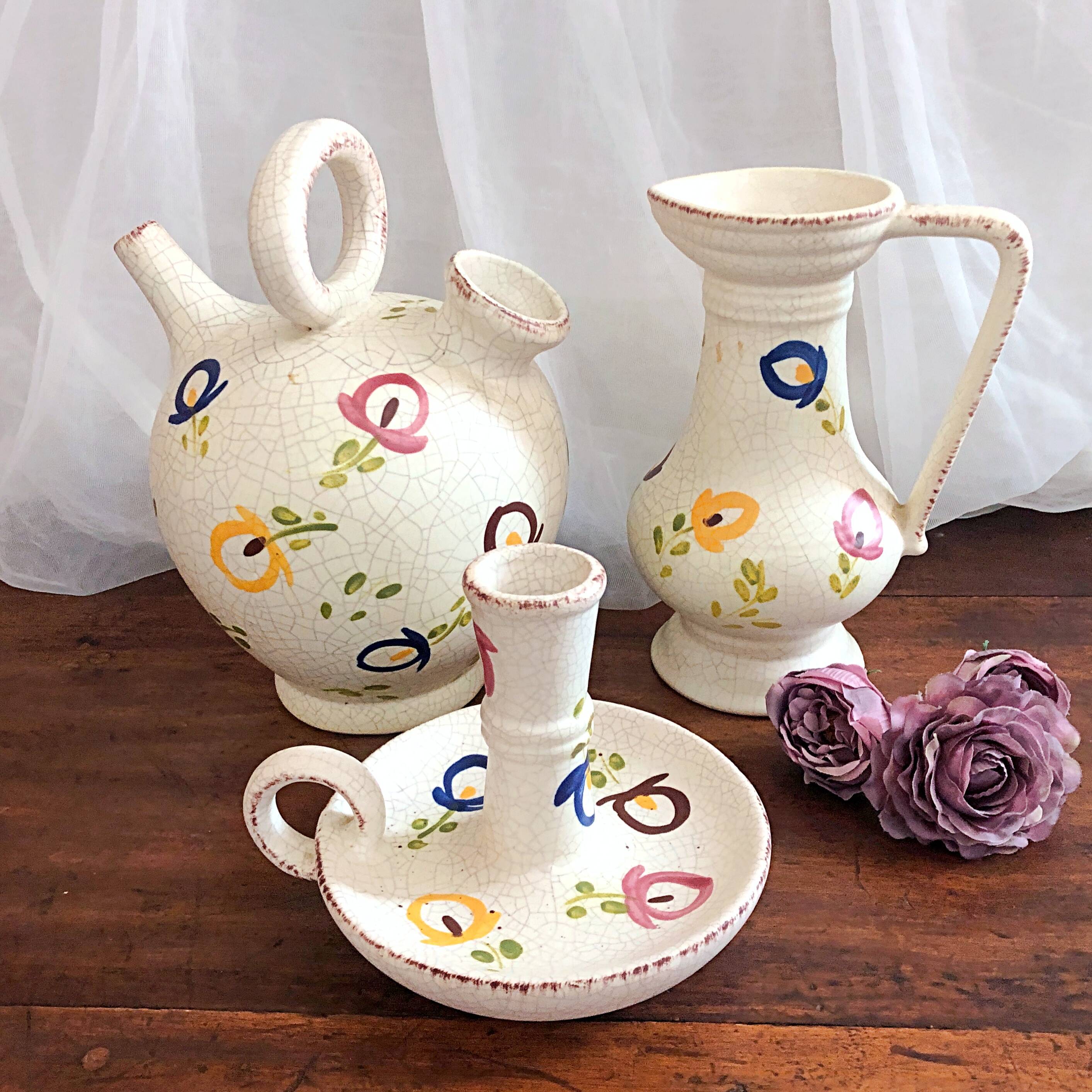 Carafe, gargoulette and candlestick artisanal pottery by Angèle de Poët-Laval