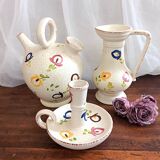 Carafe, gargoulette and candlestick artisanal pottery by Angèle de Poët-Laval