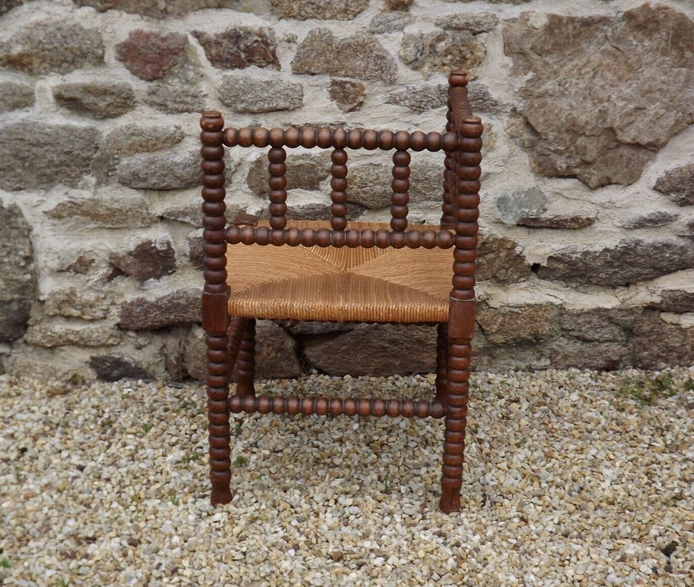 French antique turned wooden bobbin chair with rush seat 4156