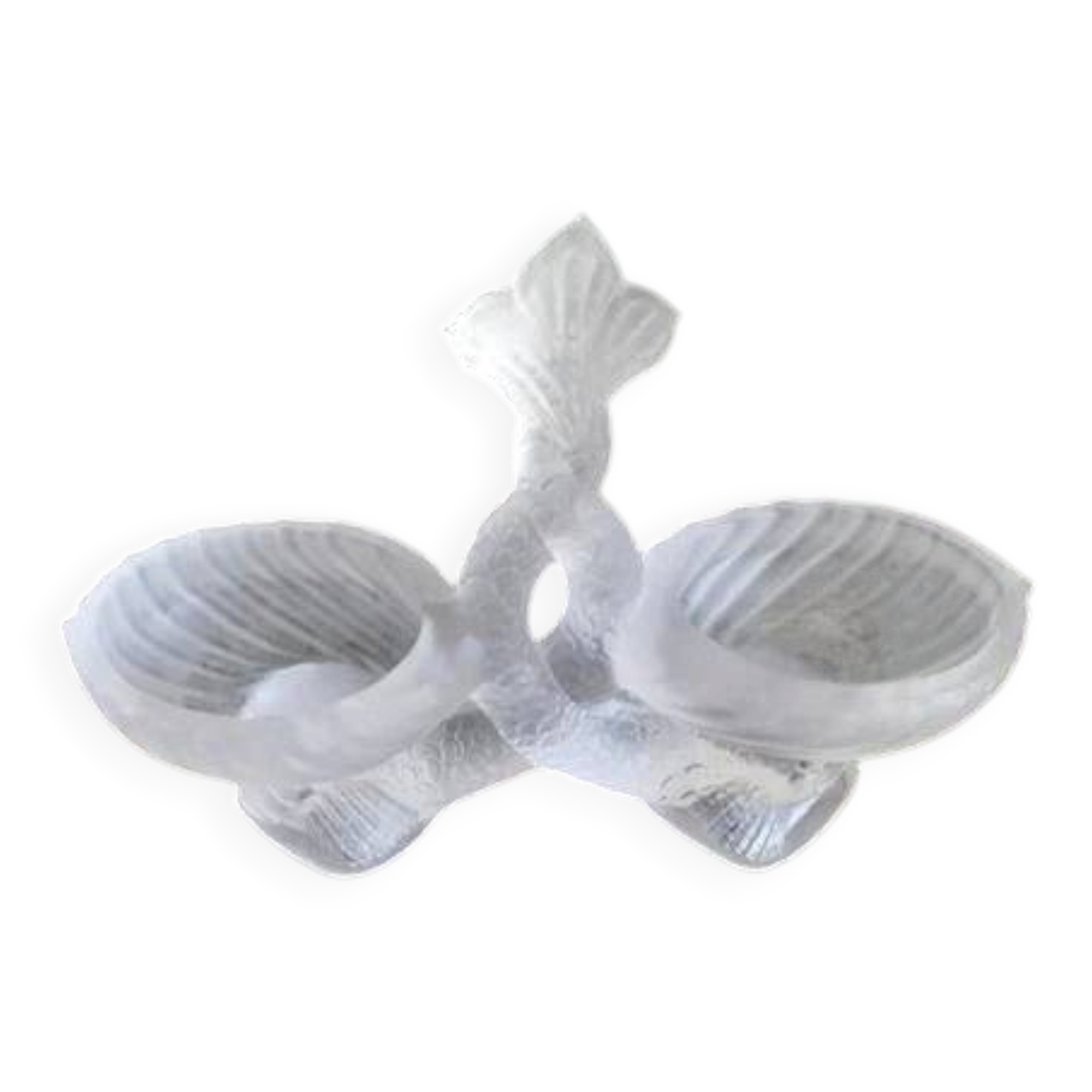Saleron double forme, poissons entrelacés en verre opaque blanc