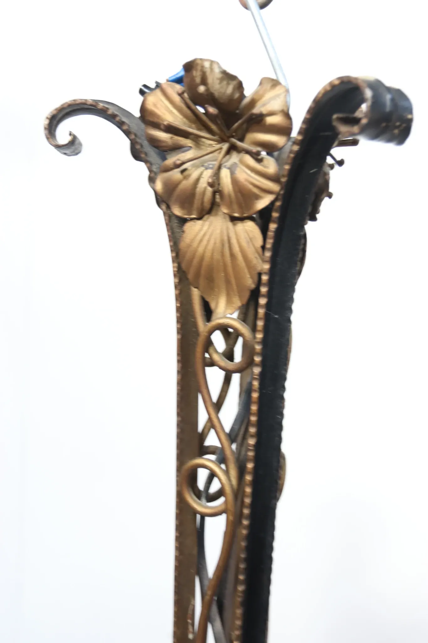 French Art Deco wrought iron pendant lamp, pressed glass, 1920s-30s