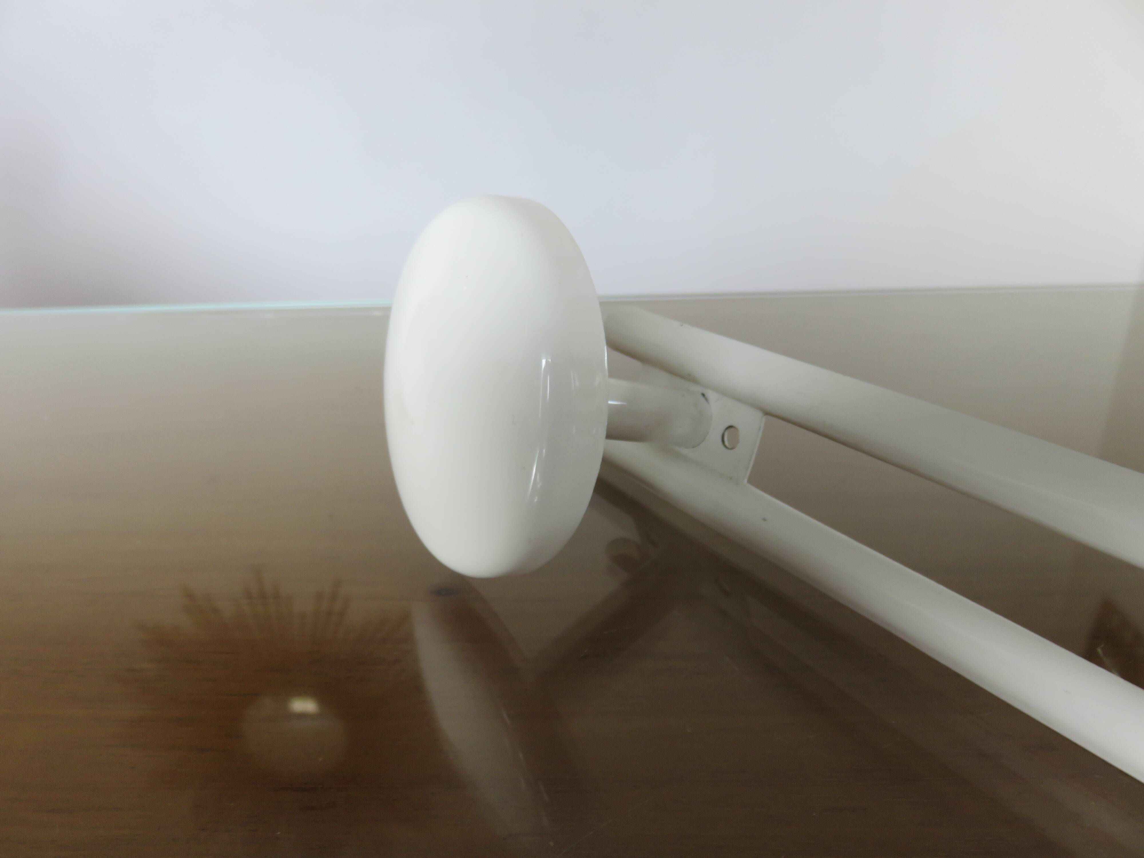 Wall coat rack in white lacquered metal with 2 hooks, 1970.