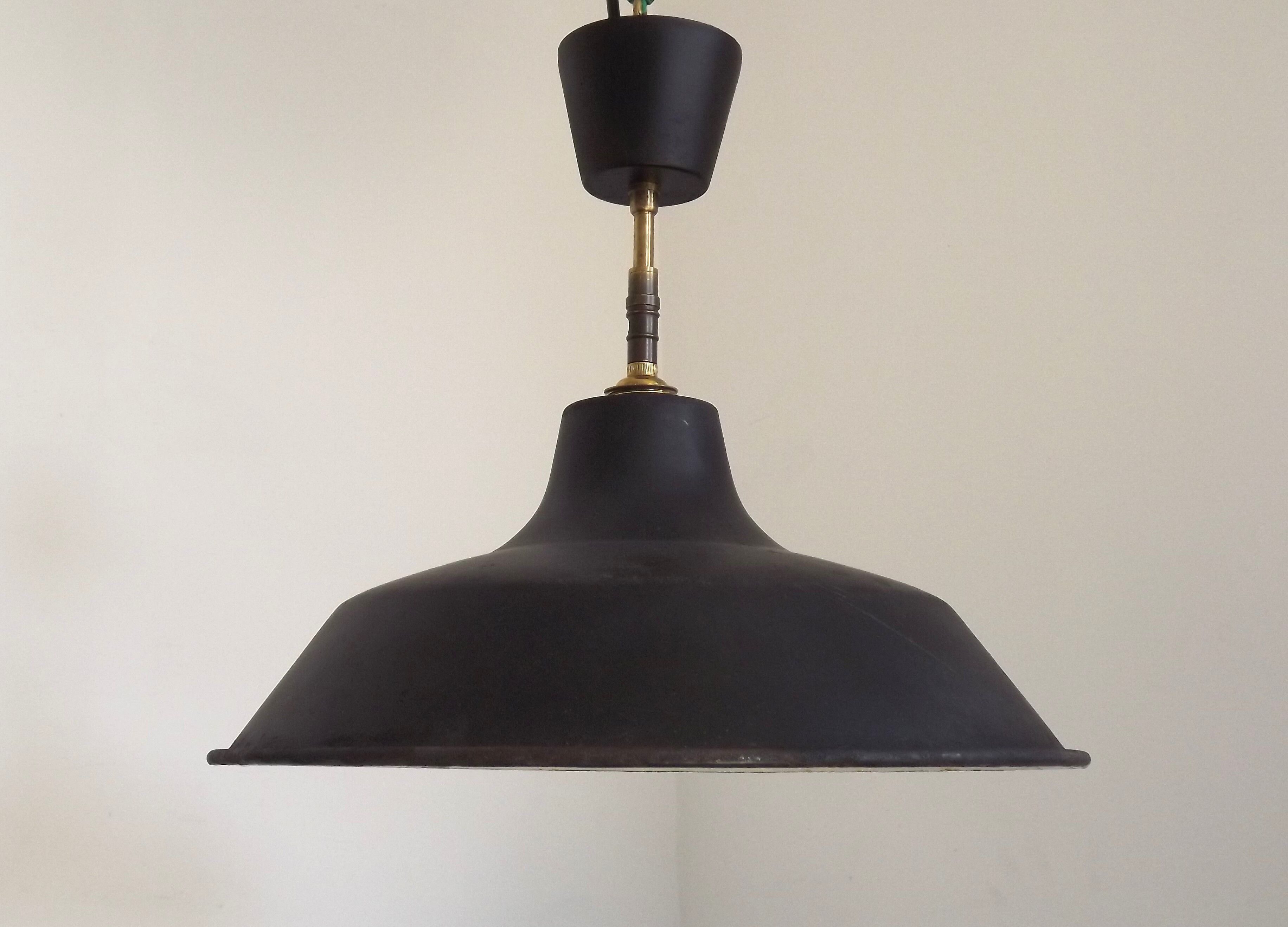 French Vintage 1950s Industrial Light In Black Metal White Enamal & Brass