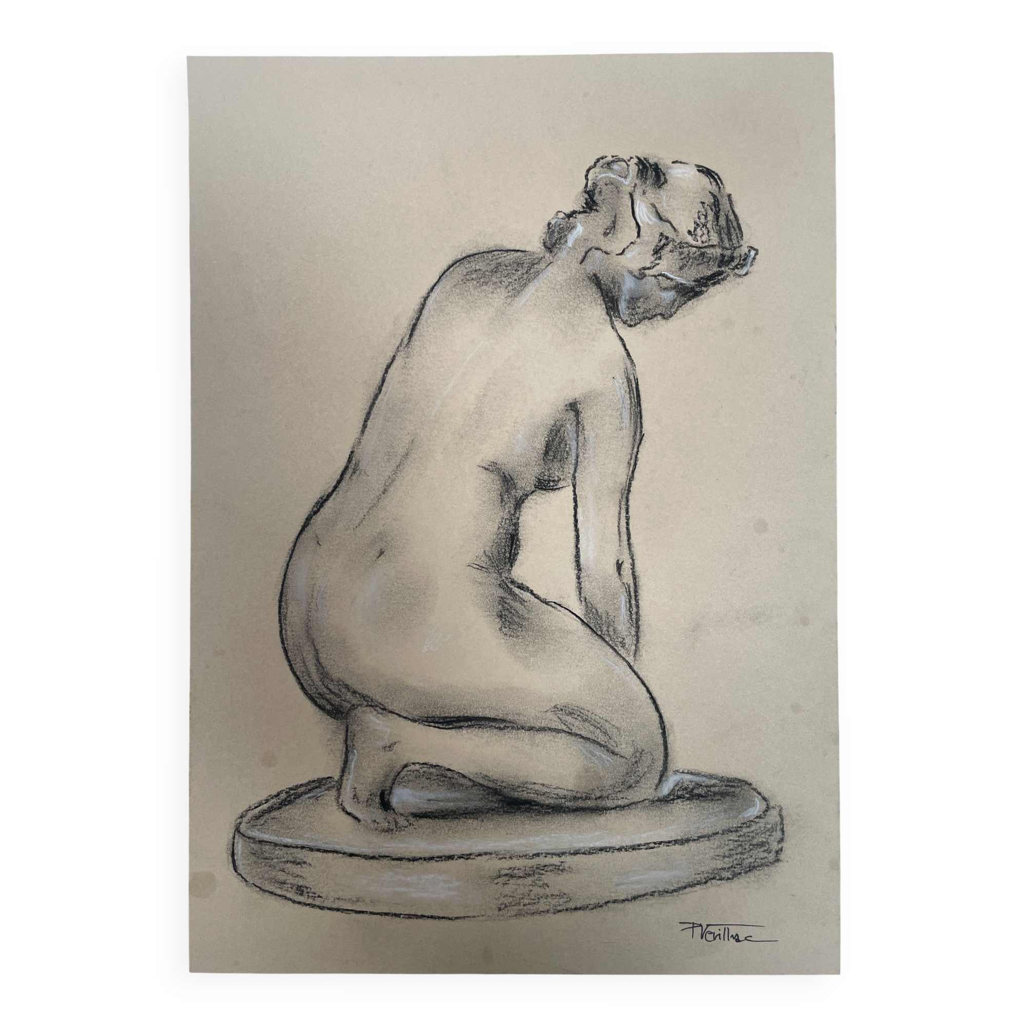 Charcoal drawing, study of a plaster statue of a woman, signed studio piece.