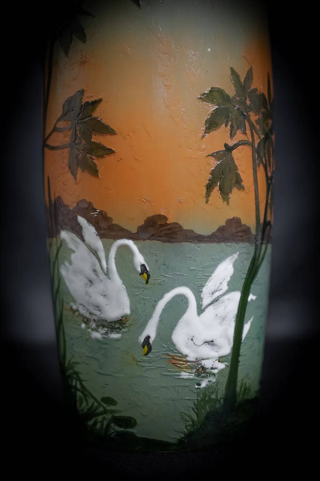 Large Legras Art Nouveau vase in acid-etched glass | Swan Lake
