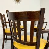 Lot de 8 anciennes chaises fauteuils de bistrot en bois et simili jaune 80’