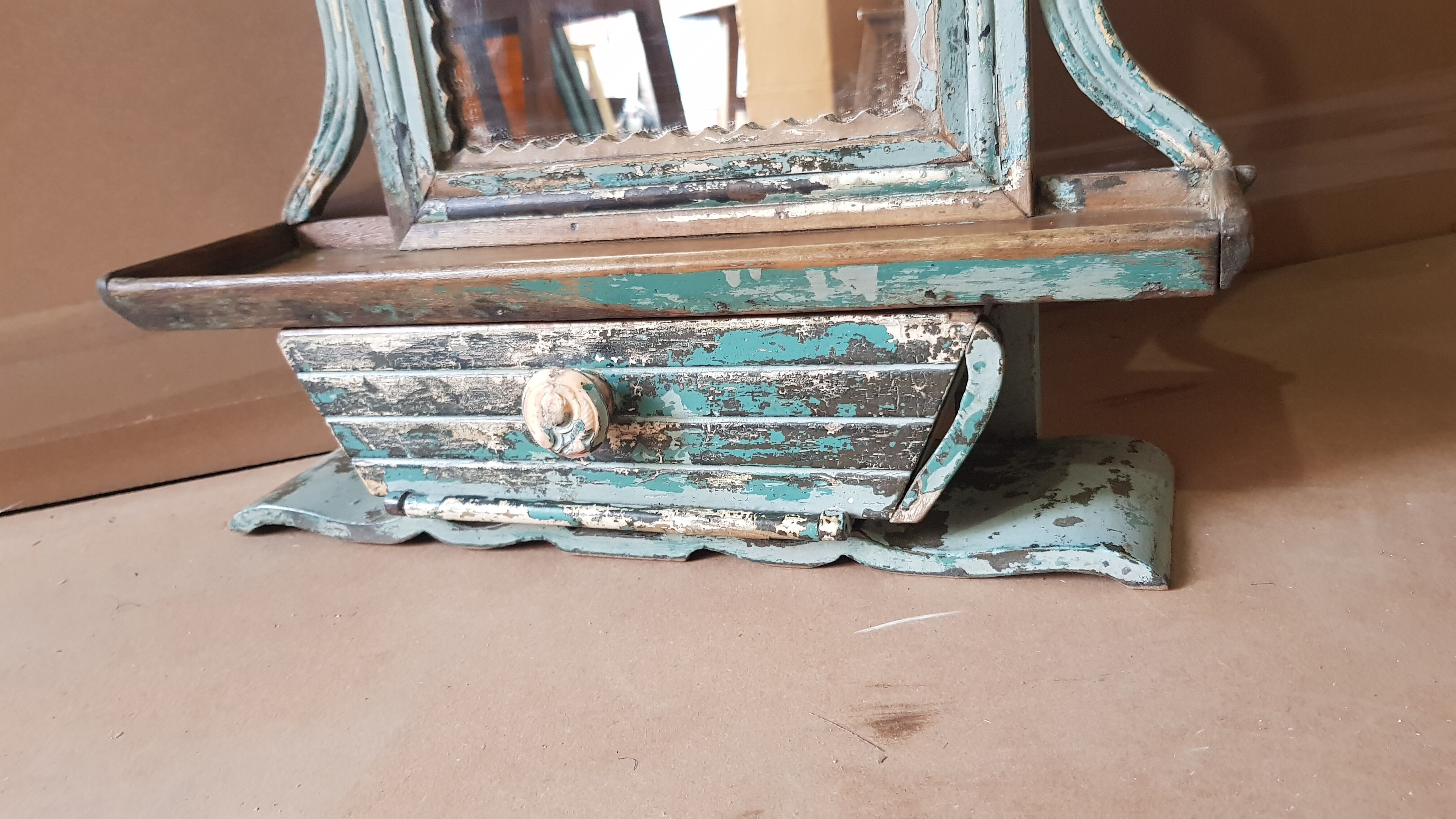 Mirror - Burmese Teak Art Deco wall shelf with original blue patina