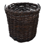 Brown woven vintage Hungarian wicker basket, reinforced edge and metal handles, 1940s.