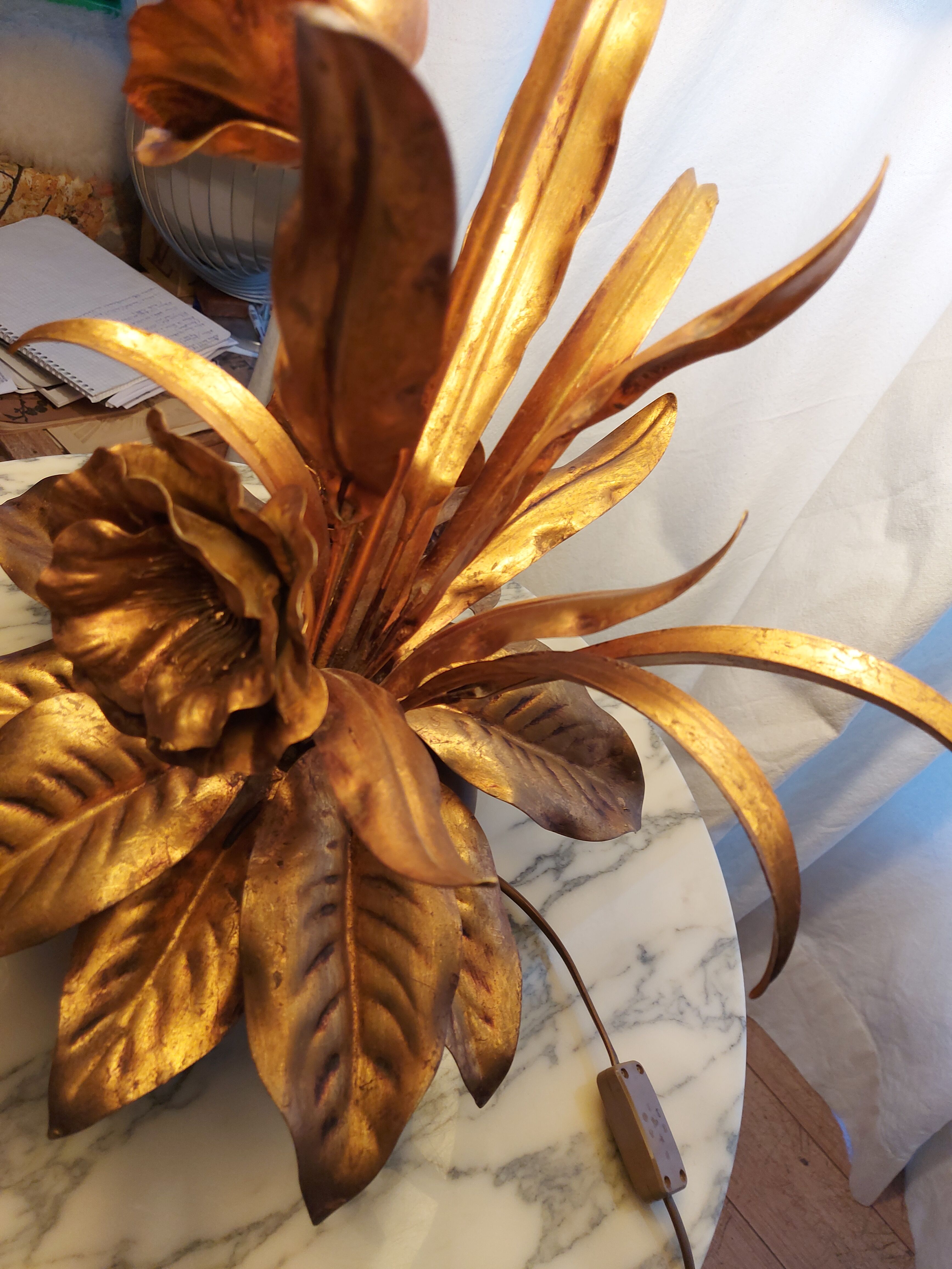 Large lamp, bouquet of vintage anemone flowers, gold metal, Hans Kogl