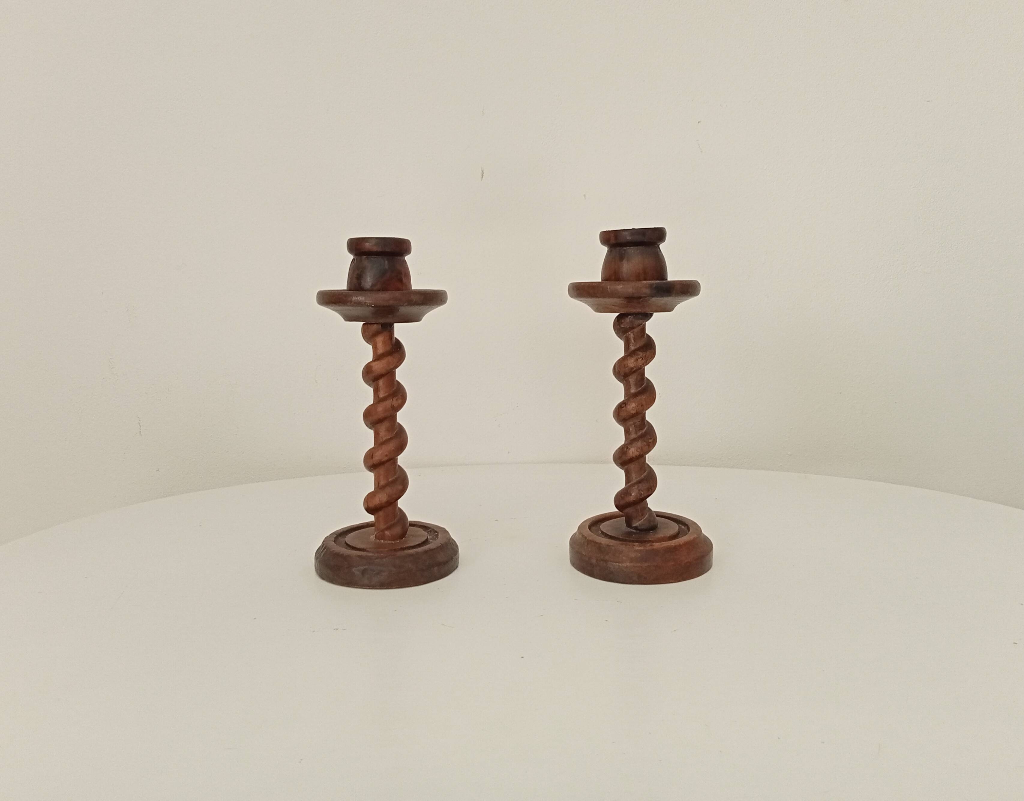 Vintage folk art turned wood candle holder