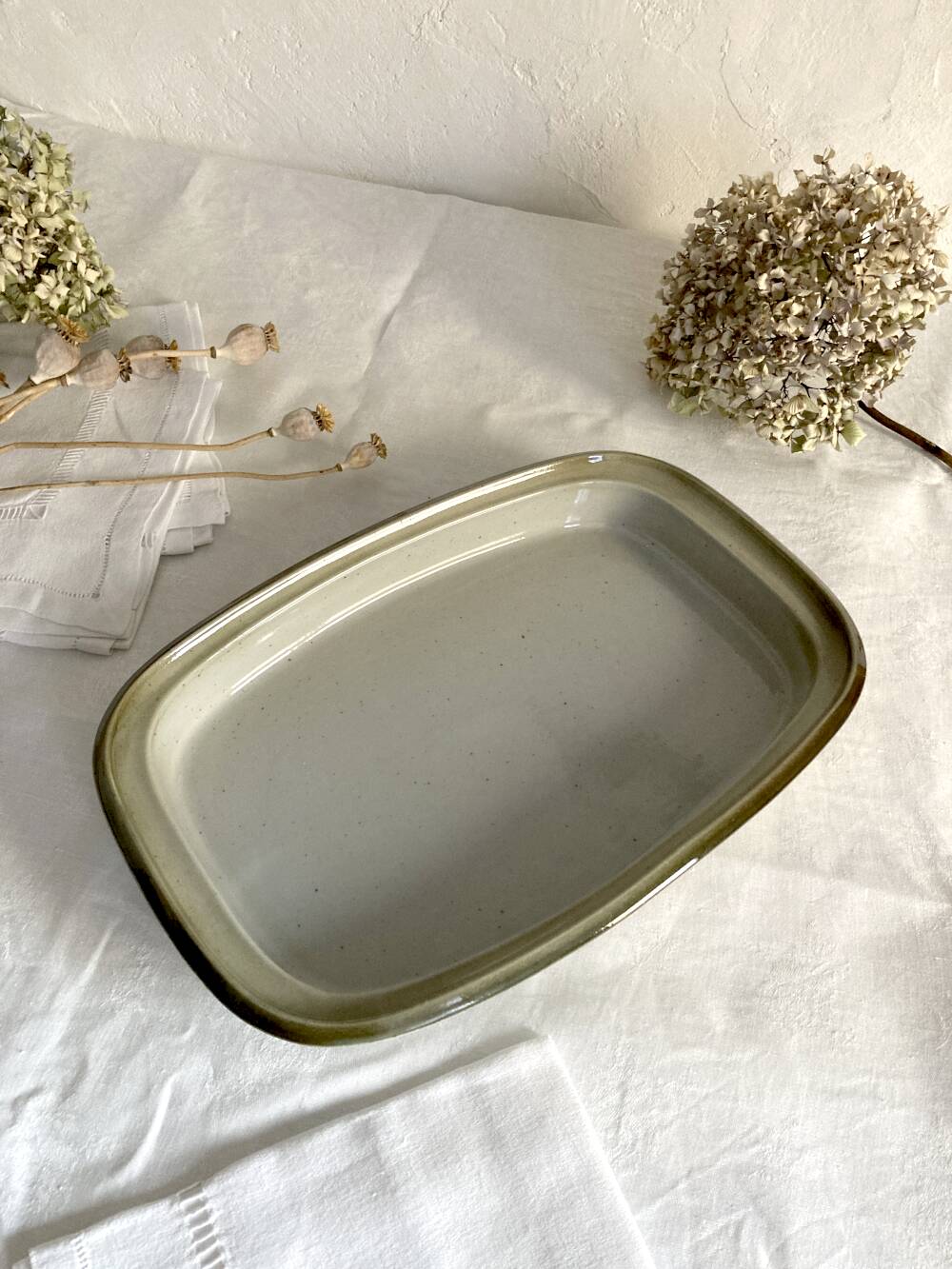 Rectangular stoneware dish, high-fired, Brenne pottery, 1970s-80s