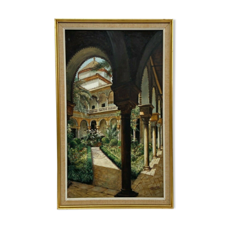 Oil on cardboard by Chapron 1965 Seville Patio Cour des Duegnes Spain