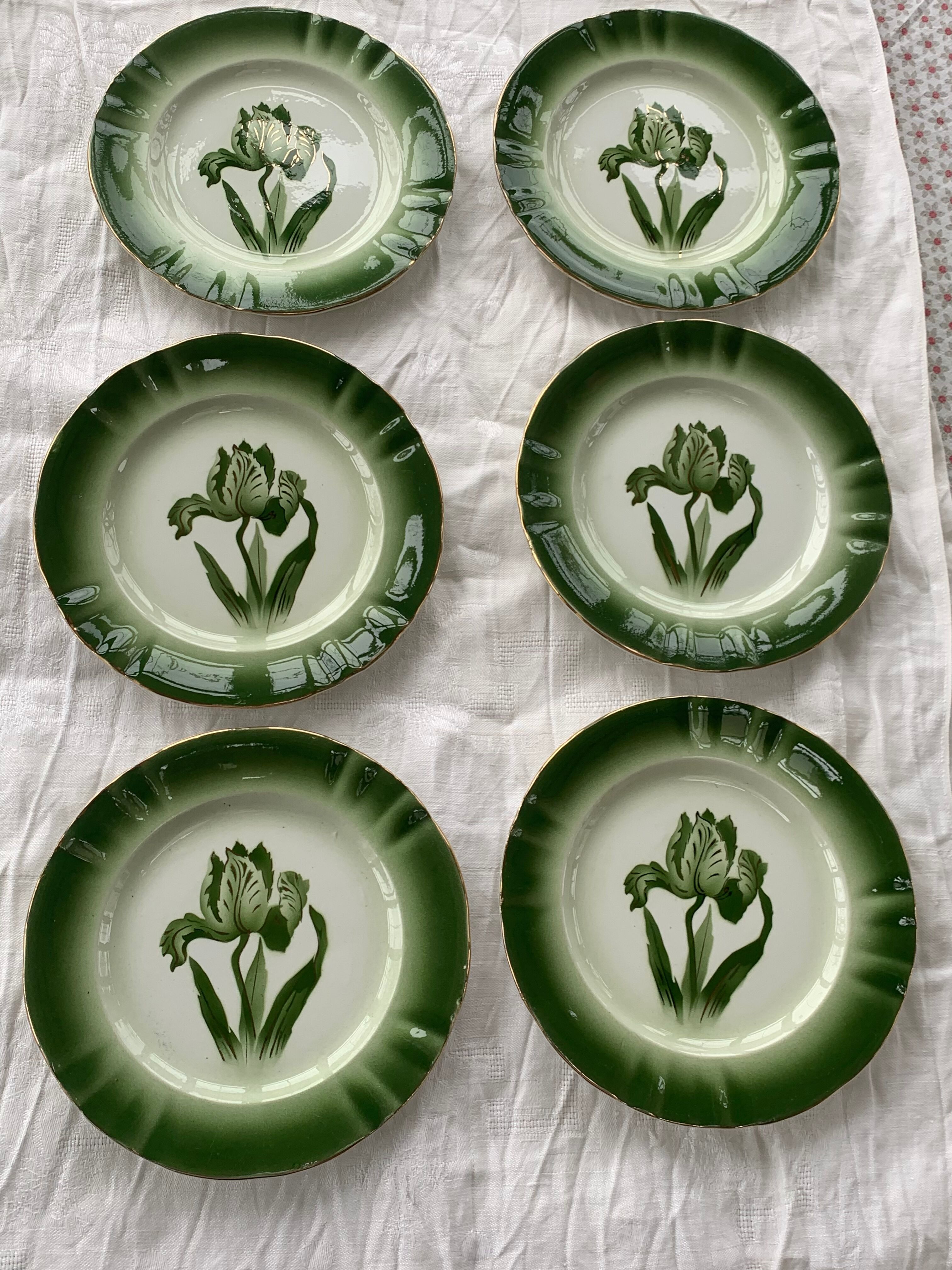 6 flat plates tulip pattern, longwy. Art deco