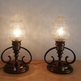 Pair of Ar Nouveau style copper and crystal table lamps vintage 1950s 50s