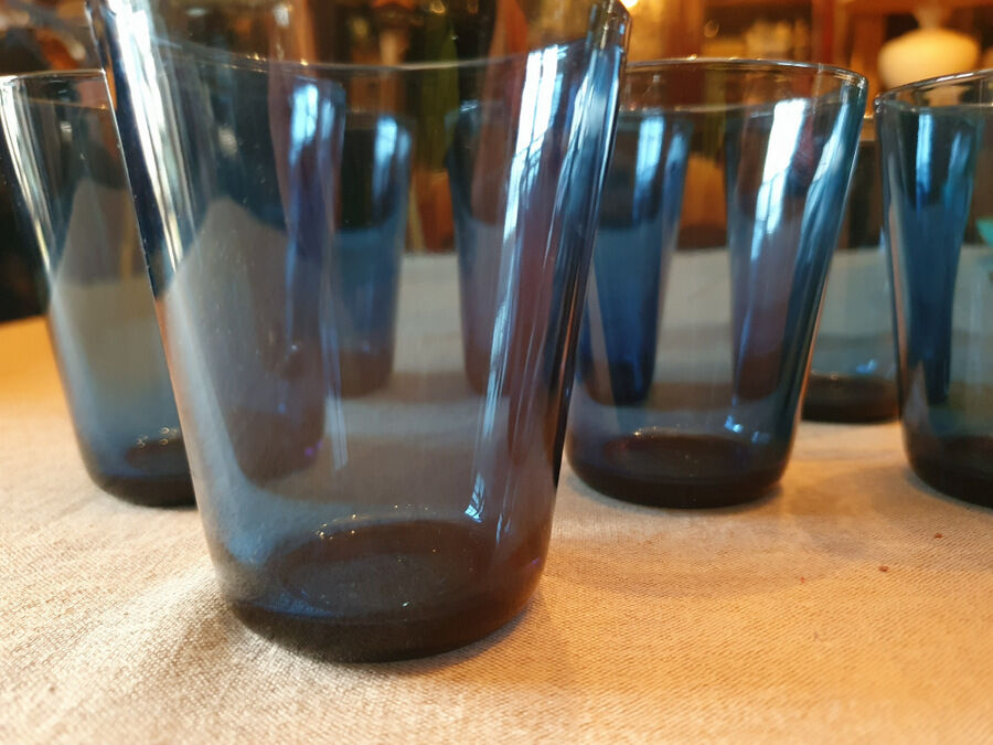 7 vintage blue water glasses
