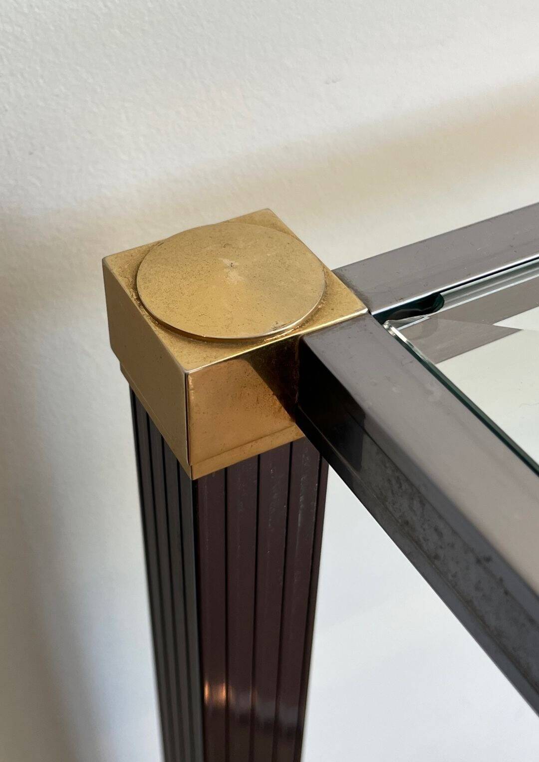 Glass Top Console in Lacquered Aluminium and Gold Metal, Pierre Vandel,