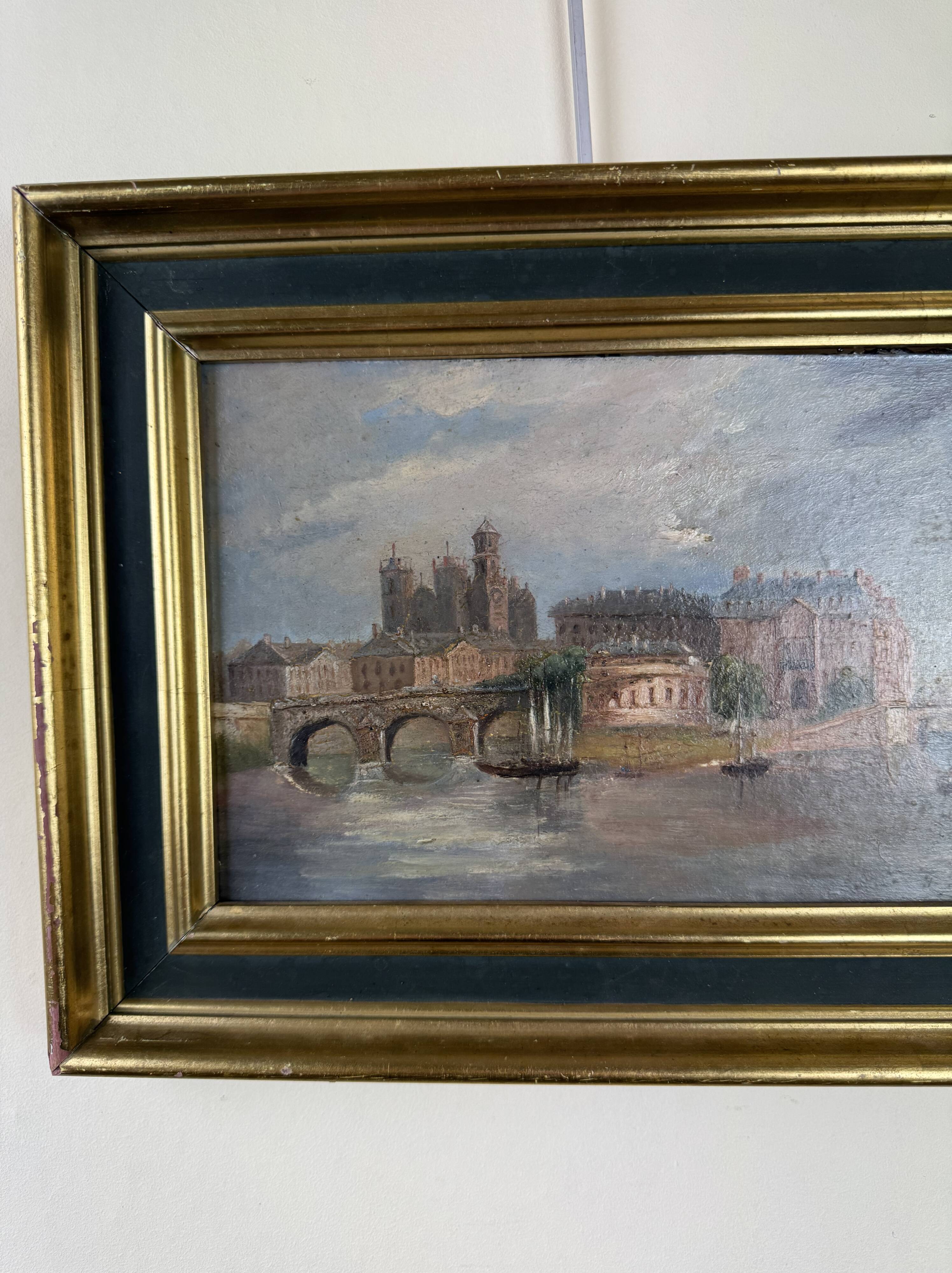 oil on panel "view of Paris from the Seine" circa 1860