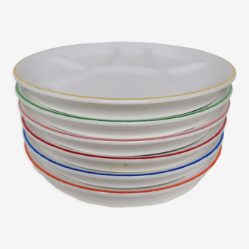 6 white fondue plates with colored edging