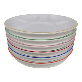 6 white fondue plates with colored edging