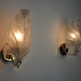 Pair of frosted leaf sconces, murano glass, italy, 1970