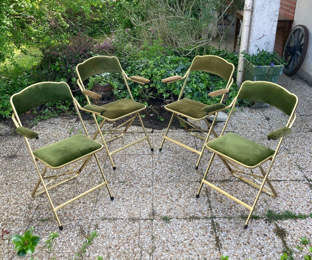 Set of 4 vintage folding armchairs in green velvet