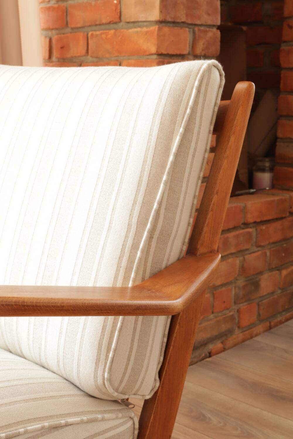 Scandinavian armchair in beige and white striped fabric