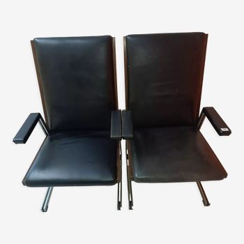 Chairs in stained beech and imitation leather, 1960s