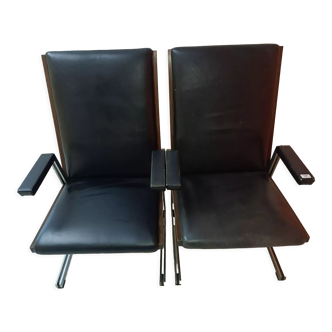 Chairs in stained beech and imitation leather, 1960s