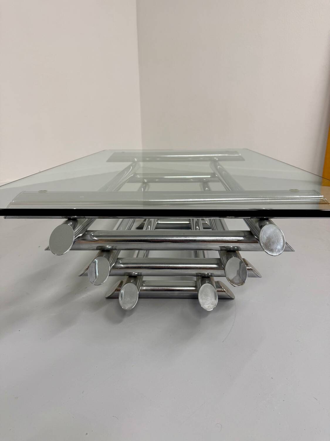 Space coffee table from the 70s, tubular metal and glass, Italian design