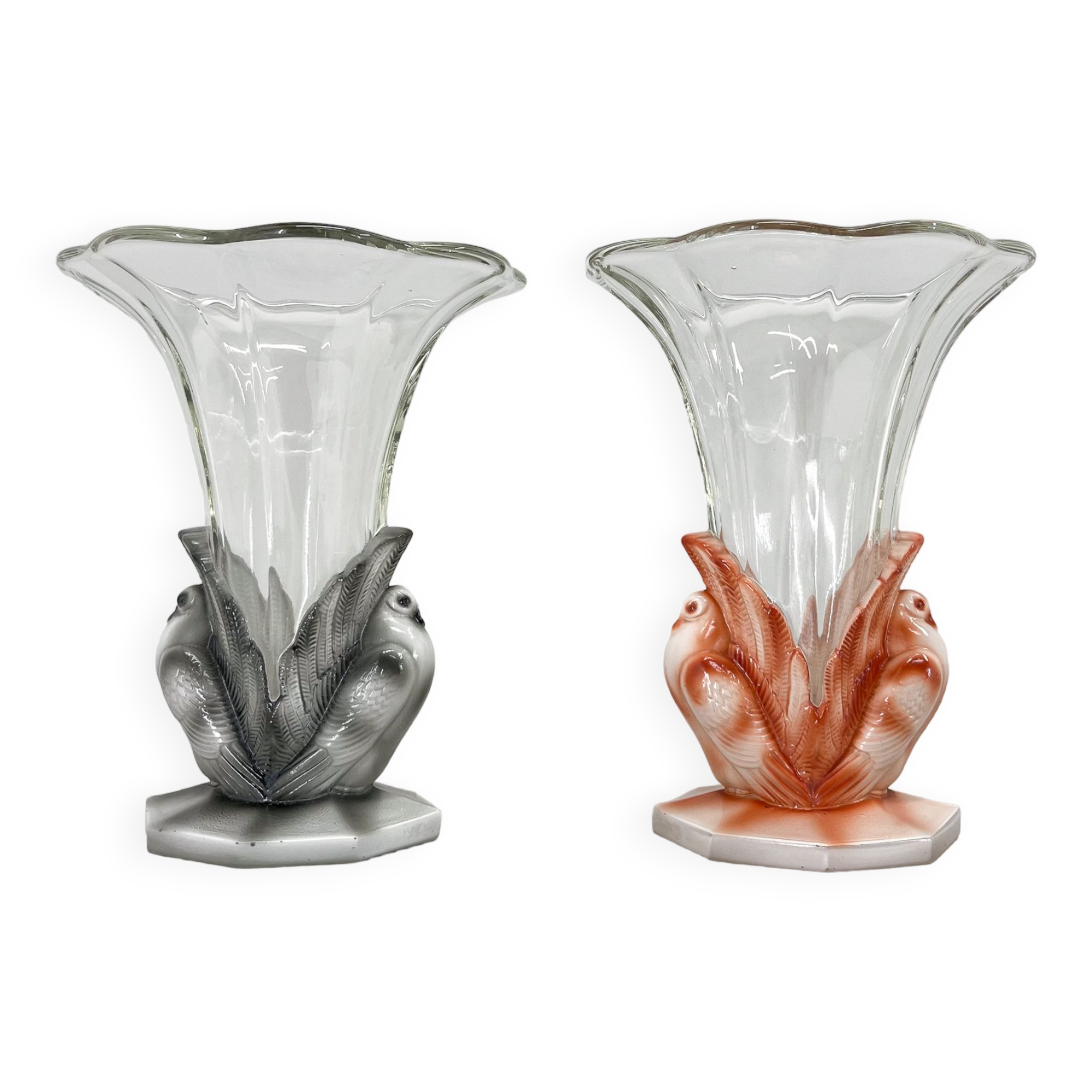 Set of Two Art Deco Dove Birds Glass Vases by Josef Feigl for Libochovice Glassworks, 1930s