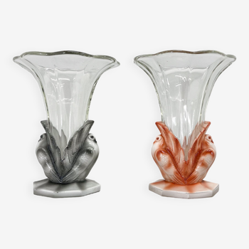 Ensemble de deux vases Art Déco Colombes en Verre par Josef Feigl pour Libochovice Glassworks, 1930s