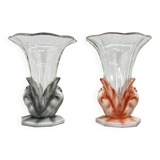 Set of Two Art Deco Dove Birds Glass Vases by Josef Feigl for Libochovice Glassworks, 1930s