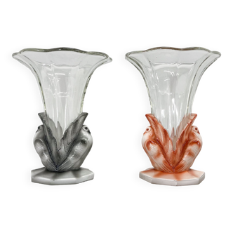 Set of Two Art Deco Dove Birds Glass Vases by Josef Feigl for Libochovice Glassworks, 1930s