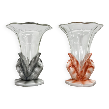 Ensemble de deux vases Art Déco Colombes en Verre par Josef Feigl pour Libochovice Glassworks, 1930s