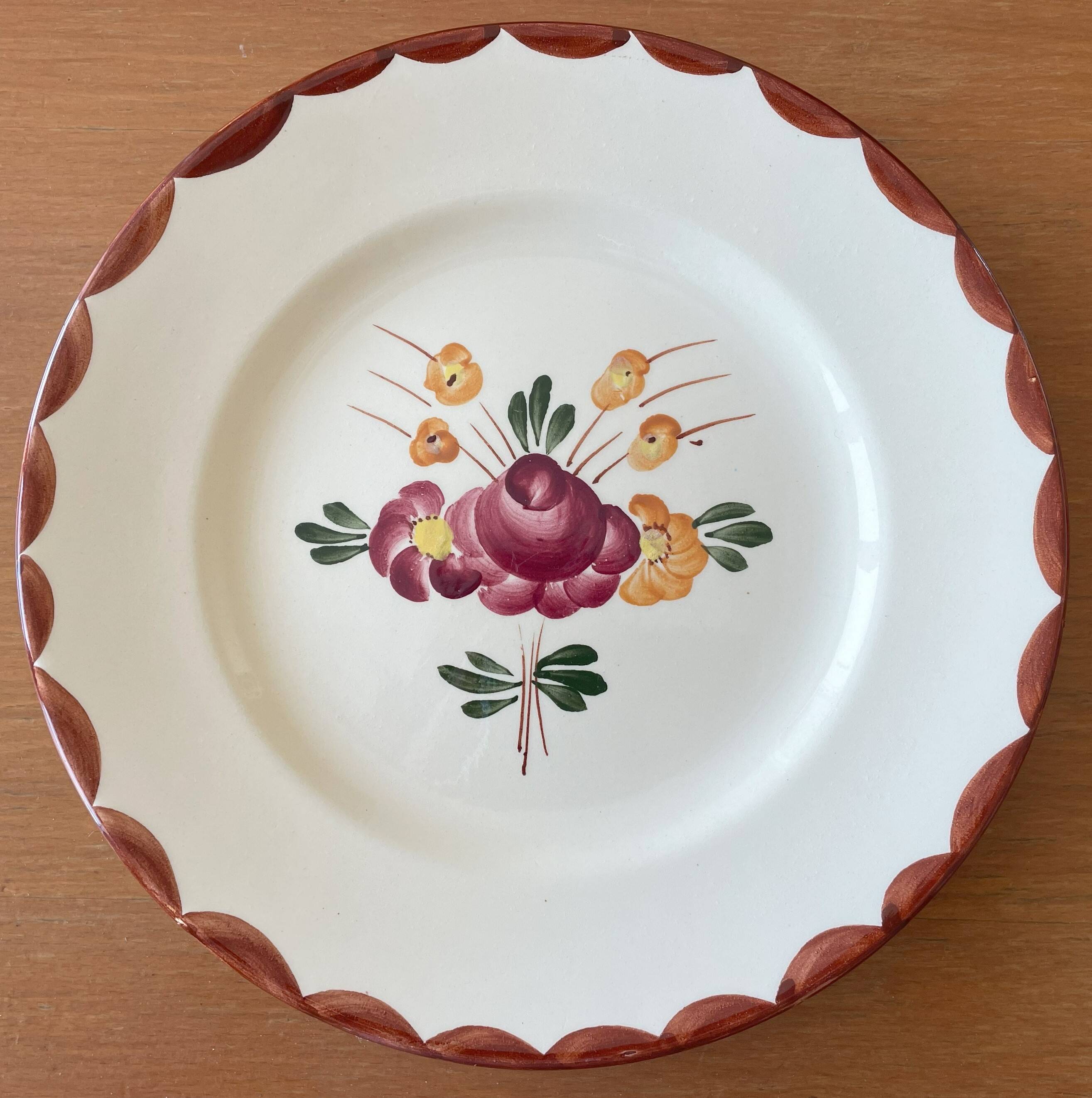 6 antique Longchamp earthenware dessert plates