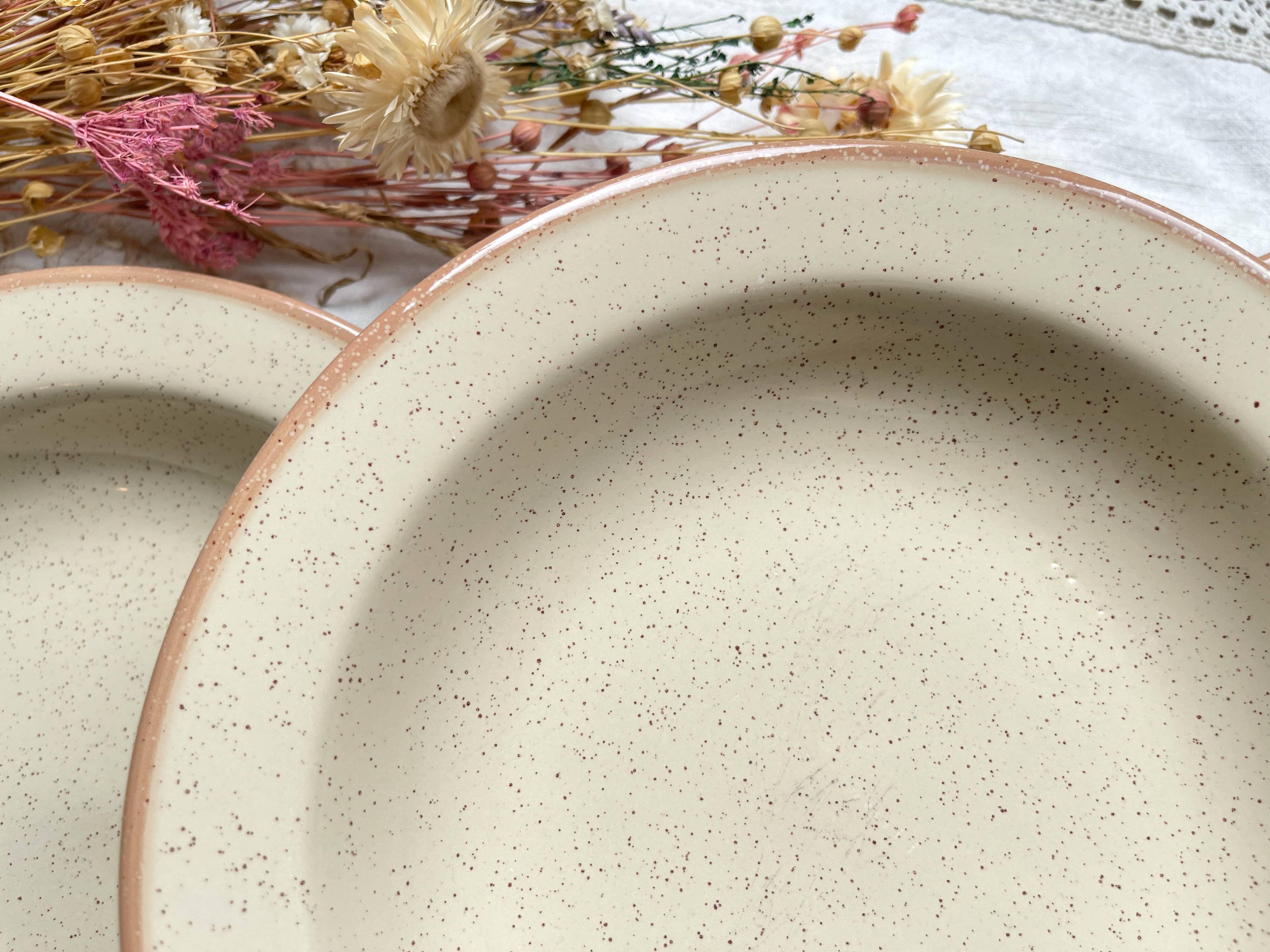 6 Deep plates in speckled beige stoneware, Tulowice style, Poland 1970