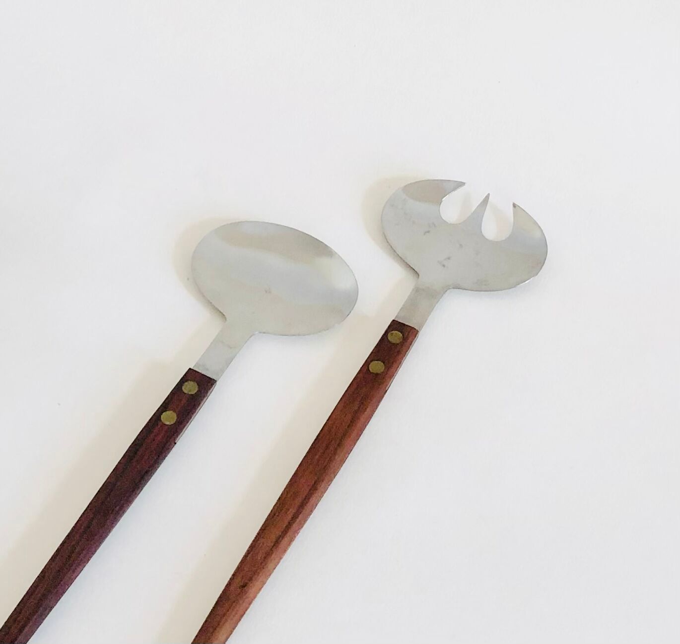 Set of Scandinavian salad cutlery, salt and pepper shaker in teak and steel