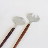 Set of Scandinavian salad cutlery, salt and pepper shaker in teak and steel