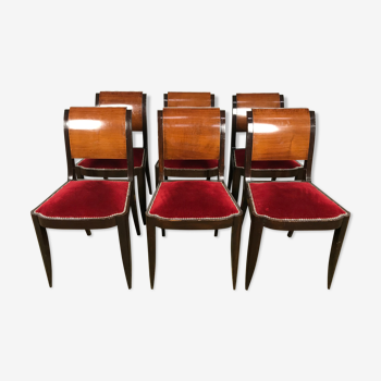Suite de 6 chaises époque Art Déco velours rouge